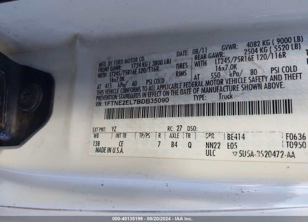 2011 FORD E-250 COMMERCIAL VIN: 1FTNE2EL7BDB35090