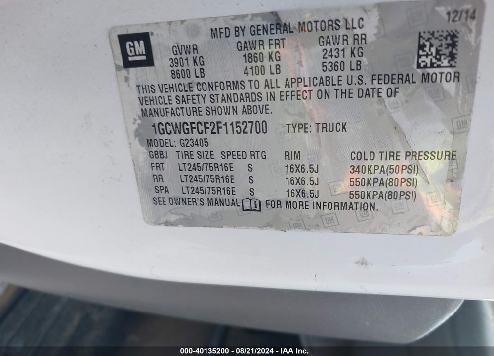 2015 CHEVROLET EXPRESS 2500 WORK VAN VIN: 1GCWGFCF2F1152700