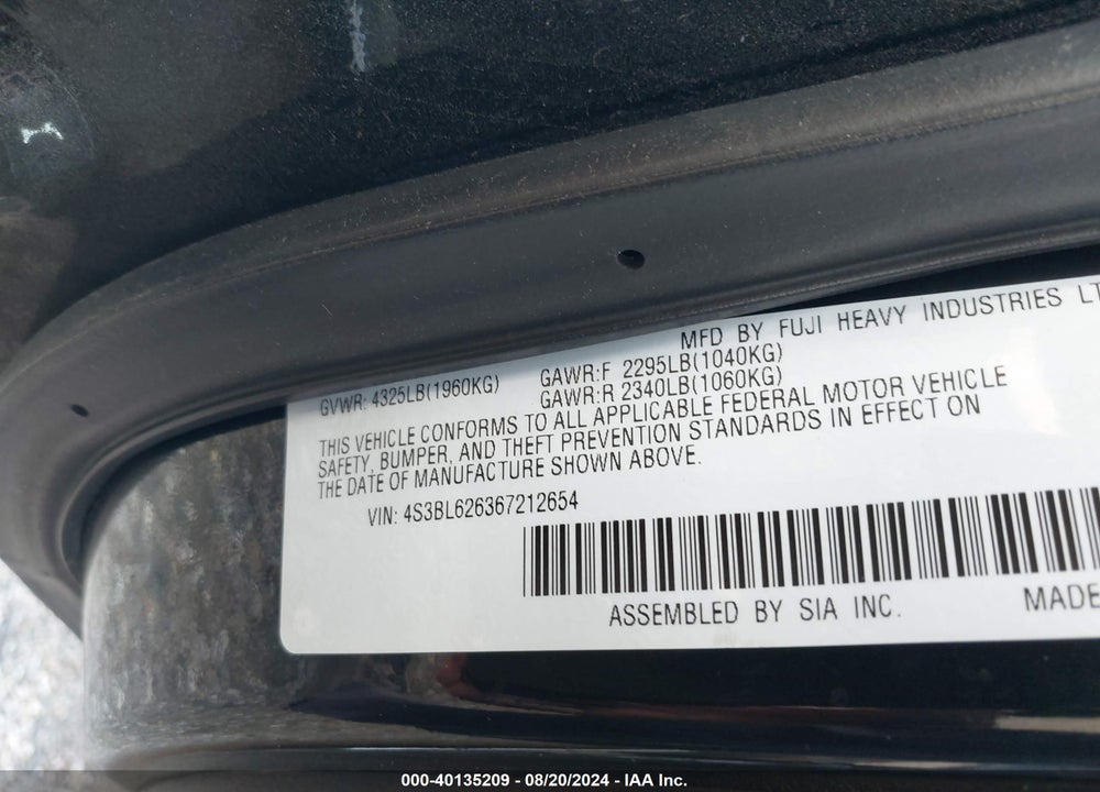 2006 SUBARU LEGACY 2.5I VIN: 4S3BL626367212654