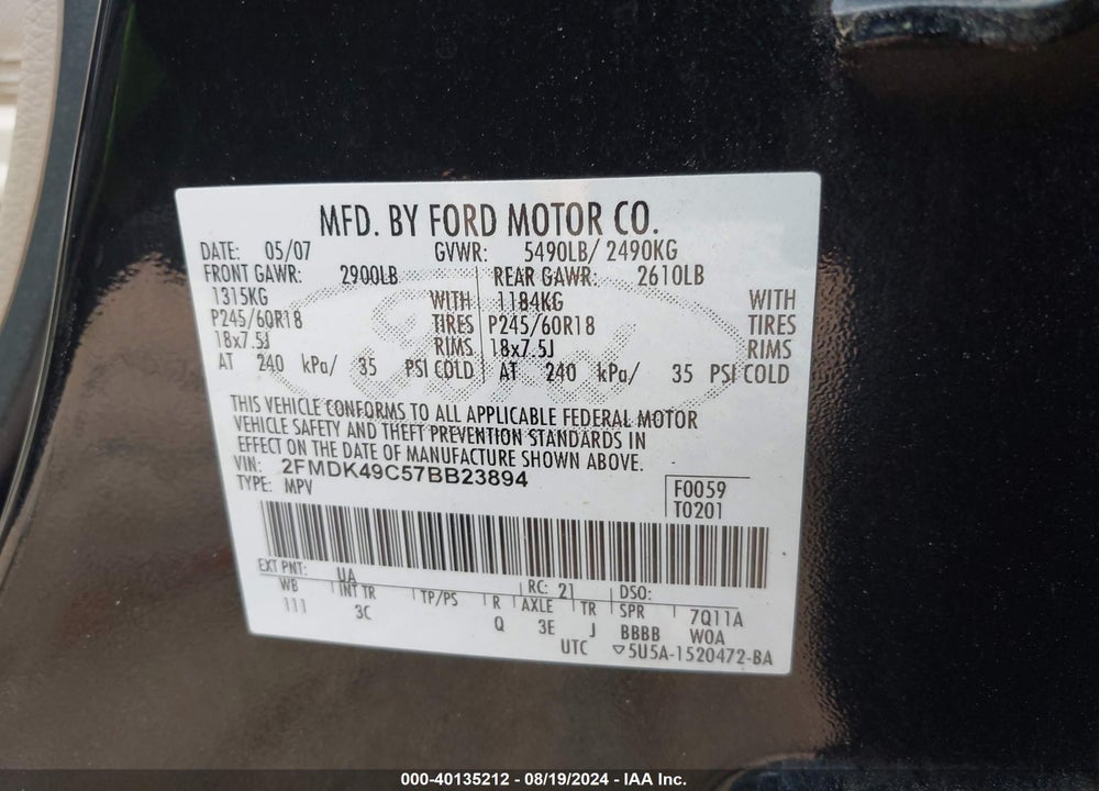 2007 FORD EDGE SEL PLUS VIN: 2FMDK49C57BB23894