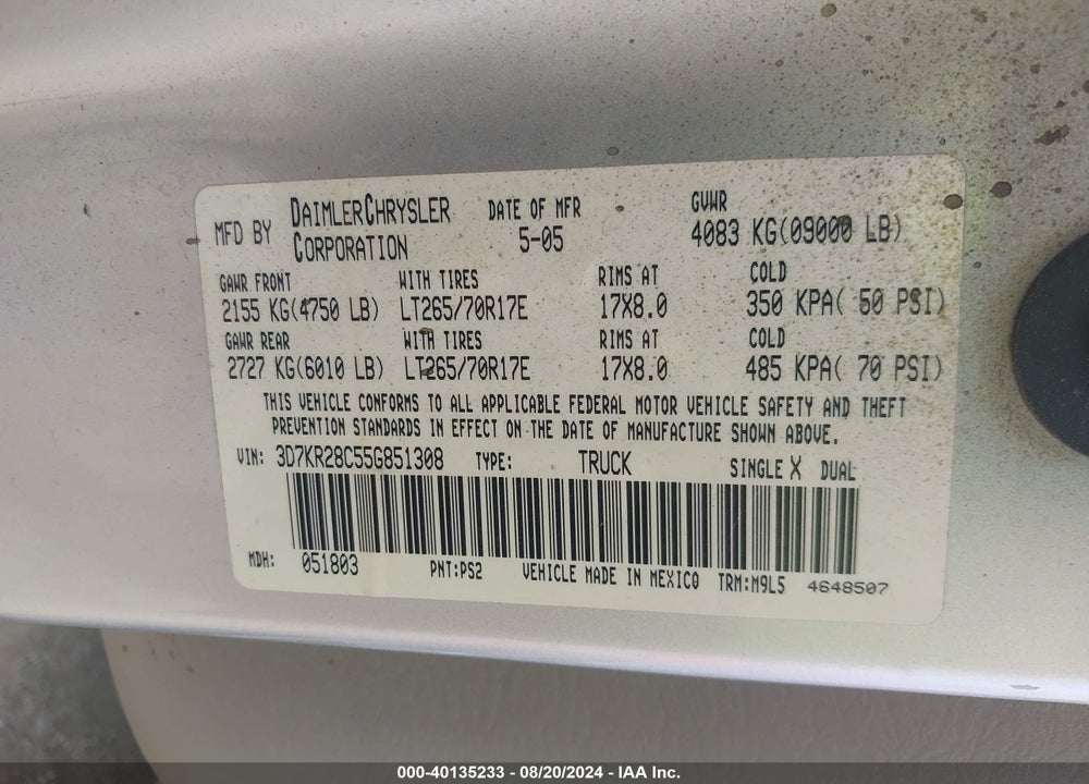 2005 DODGE RAM 2500 SLT/LARAMIE VIN: 3D7KR28C55G851308