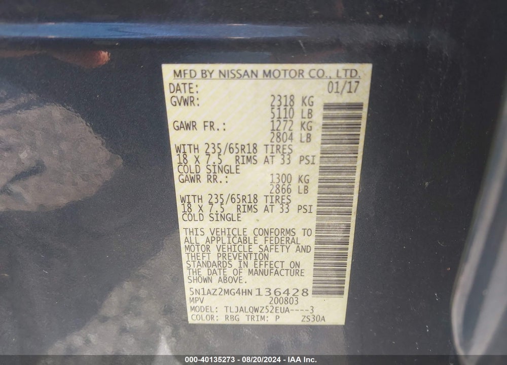 2017 NISSAN MURANO SV VIN: 5N1AZ2MG4HN136428
