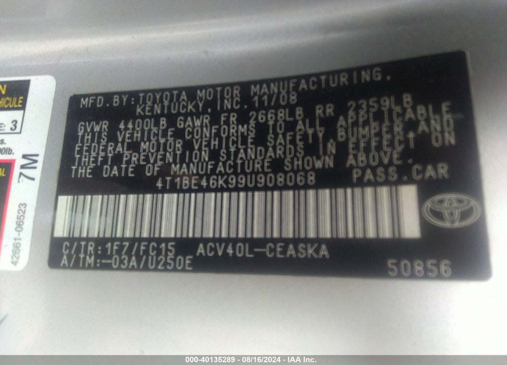 2009 TOYOTA CAMRY SE VIN: 4T1BE46K99U908068