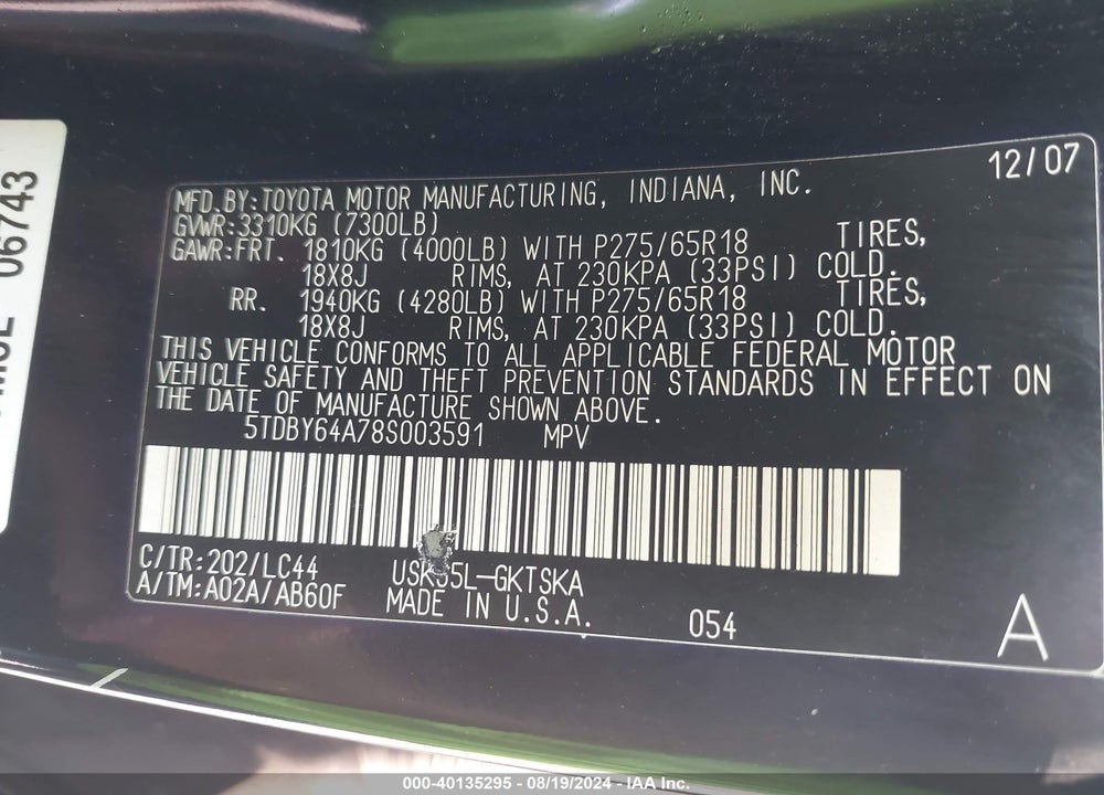 2008 TOYOTA SEQUOIA SR5 5.7L V8 VIN: 5TDBY64A78S003591
