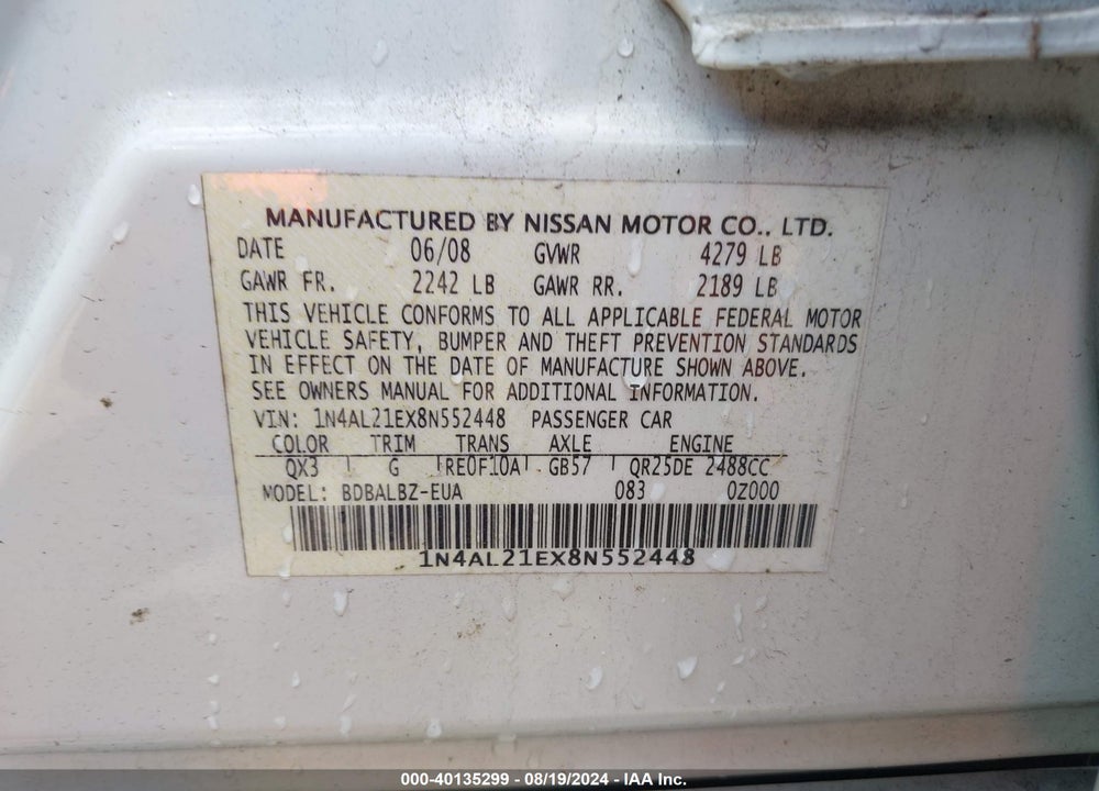 2008 NISSAN ALTIMA VIN: 1N4AL21EX8N552448