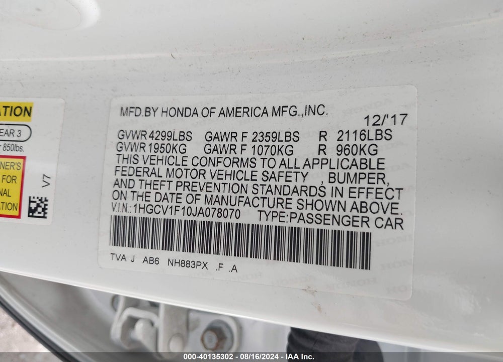 2018 HONDA ACCORD LX VIN: 1HGCV1F10JA078070
