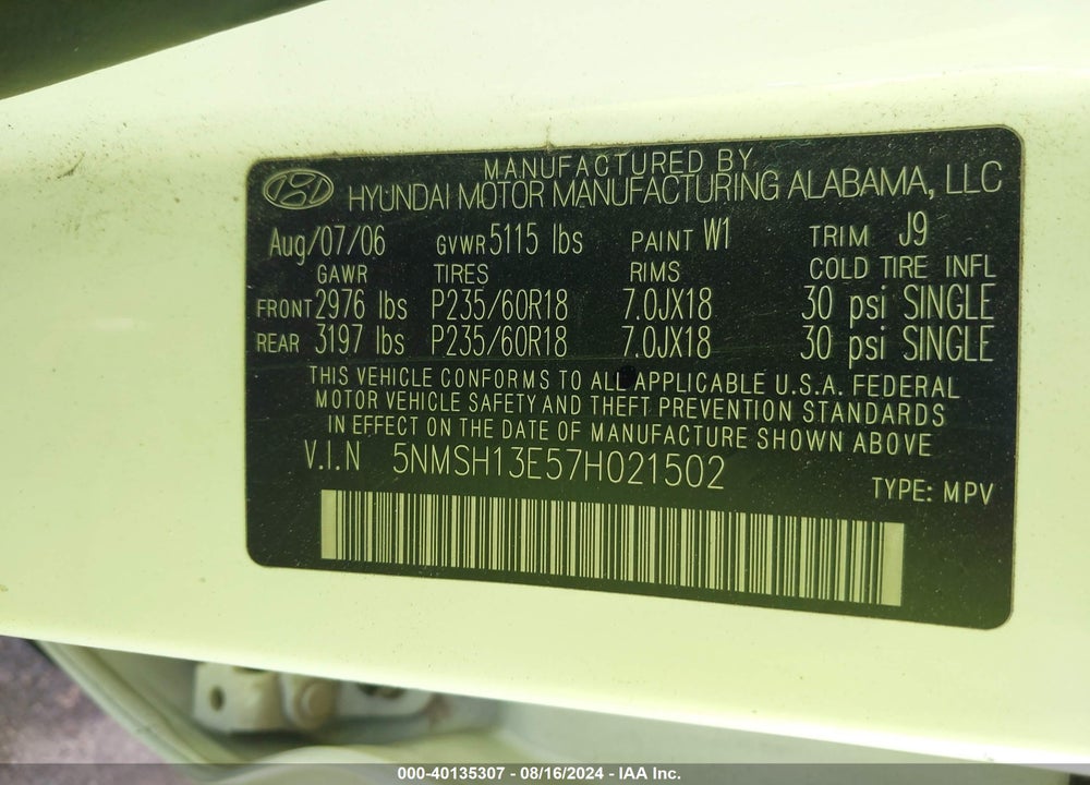 2007 HYUNDAI SANTA FE LIMITED/SE VIN: 5NMSH13E57H021502