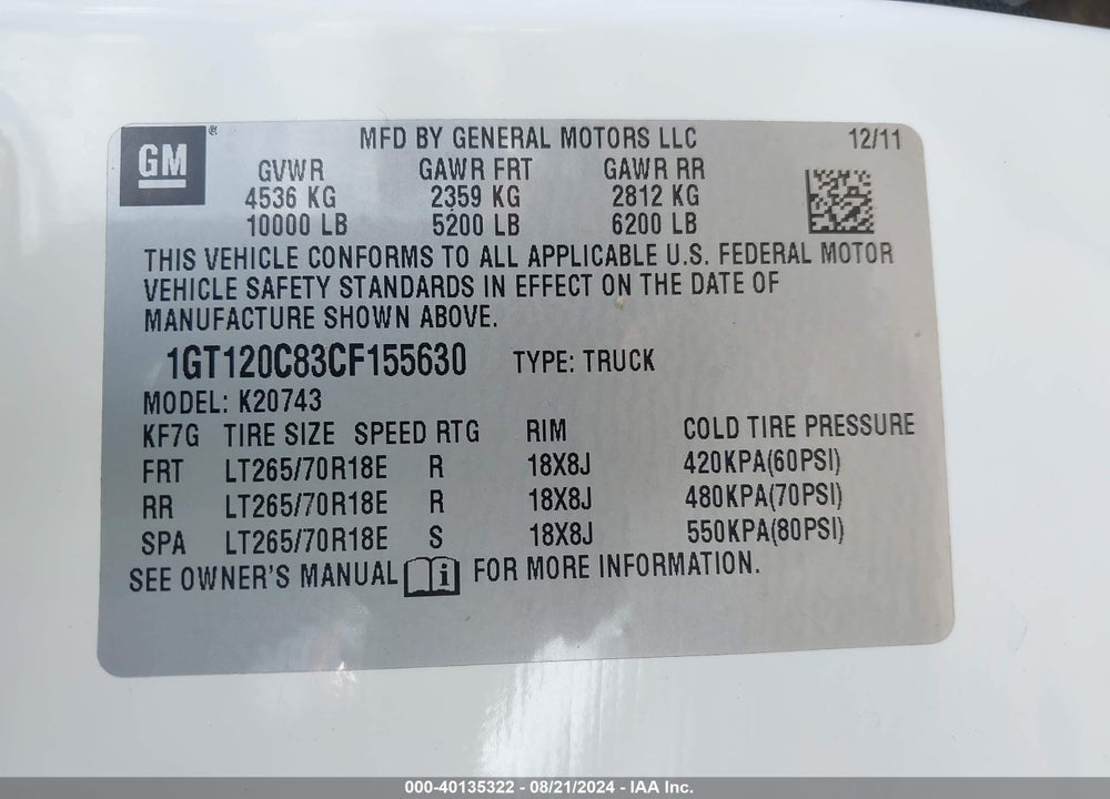 2012 GMC SIERRA 2500HD SLE VIN: 1GT120C83CF155630