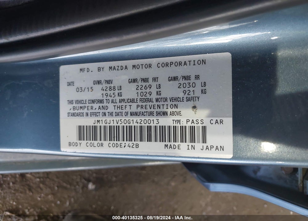 2016 MAZDA 6 I TOURING VIN: JM1GJ1V50G1420013