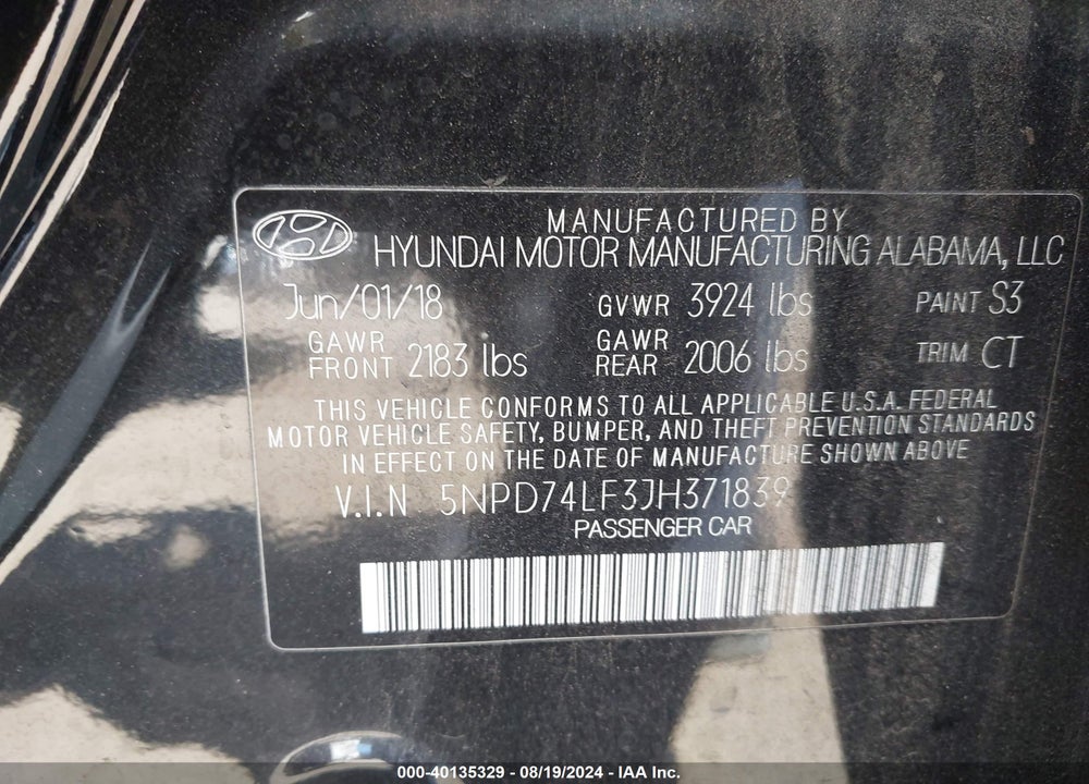 2018 HYUNDAI ELANTRA SE VIN: 5NPD74LF3JH371839