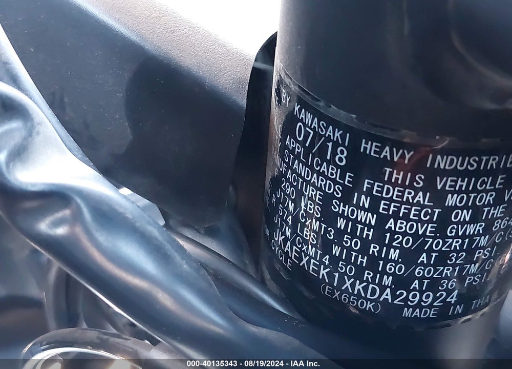 2019 KAWASAKI EX650 F VIN: JKAEXEK1XKDA29924