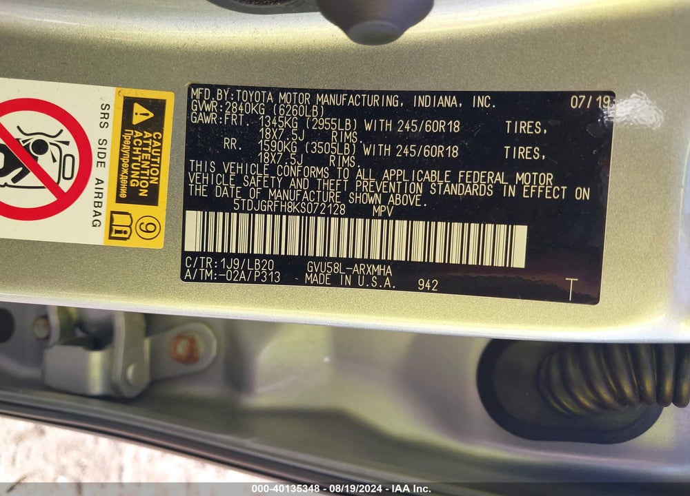 2019 TOYOTA HIGHLANDER HYBRID XLE VIN: 5TDJGRFH8KS072128