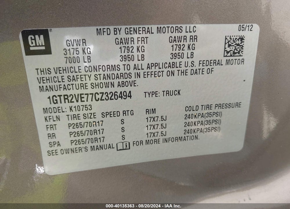 2012 GMC SIERRA 1500 SLE VIN: 1GTR2VE77CZ326494