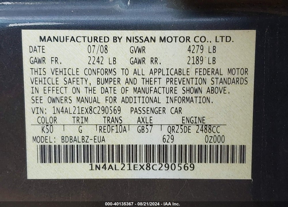 2008 NISSAN ALTIMA 2.5 S VIN: 1N4AL21EX8C290569