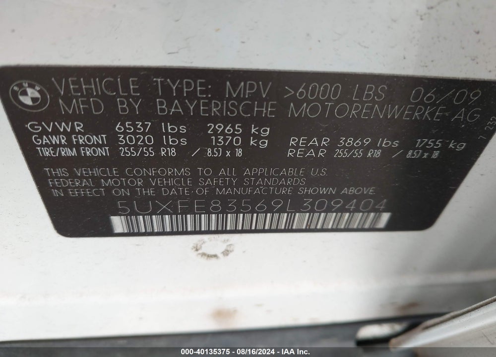 2009 BMW X5 XDRIVE48I VIN: 5UXFE83569L309404