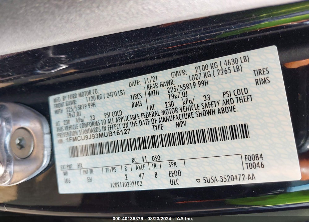 2021 FORD ESCAPE TITANIUM VIN: 1FMCU9J93MUB16127