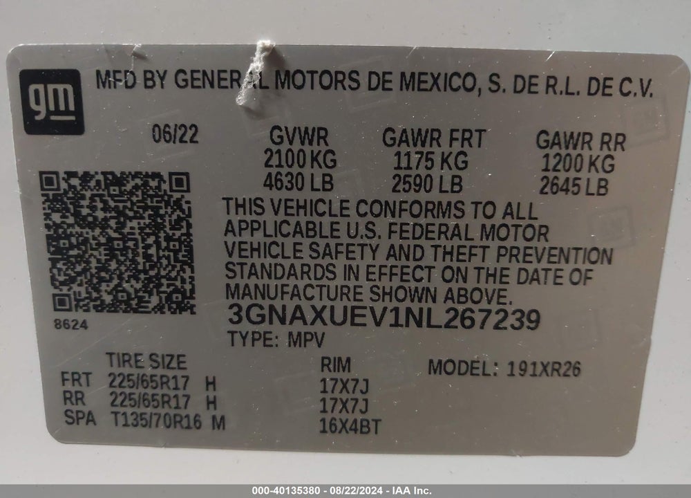 2022 CHEVROLET EQUINOX AWD LT VIN: 3GNAXUEV1NL267239