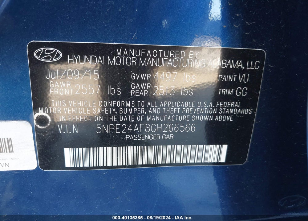 2016 HYUNDAI SONATA SE VIN: 5NPE24AF8GH266566