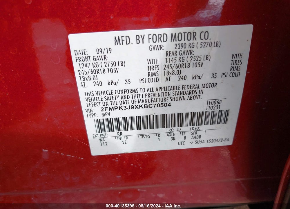 2019 FORD EDGE SEL VIN: 2FMPK3J9XKBC70504