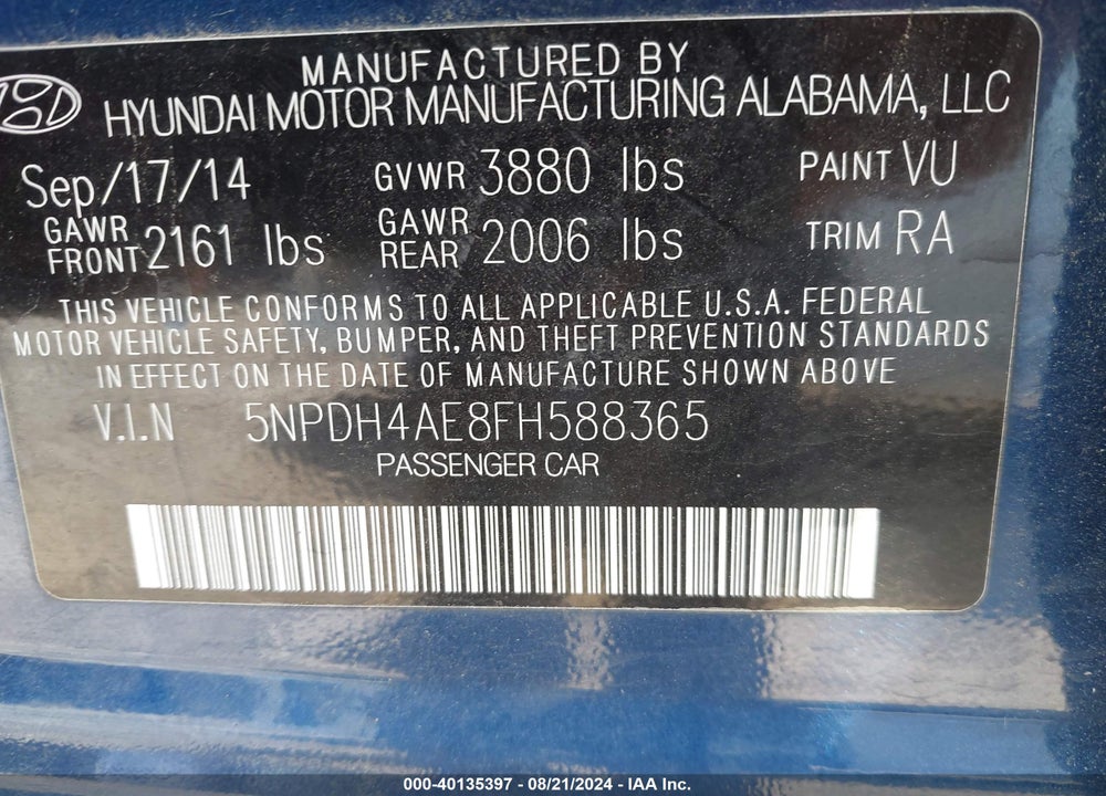 2015 HYUNDAI ELANTRA SE VIN: 5NPDH4AE8FH588365