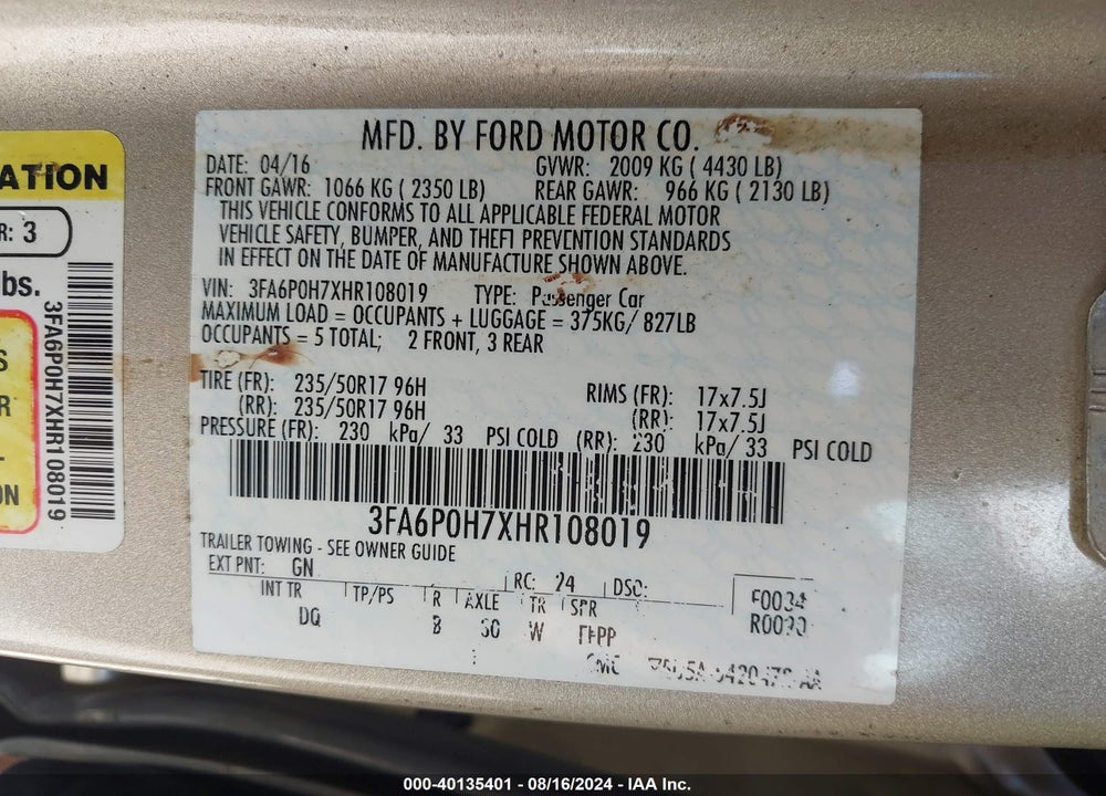 2017 FORD FUSION SE VIN: 3FA6P0H7XHR108019