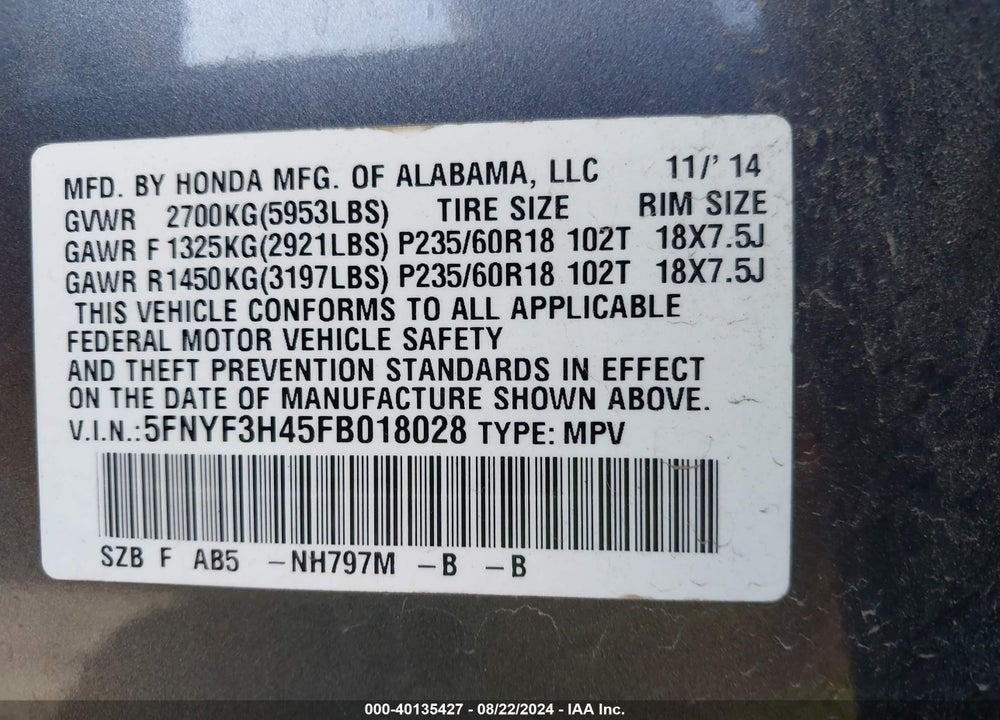 2015 HONDA PILOT EX VIN: 5FNYF3H45FB018028