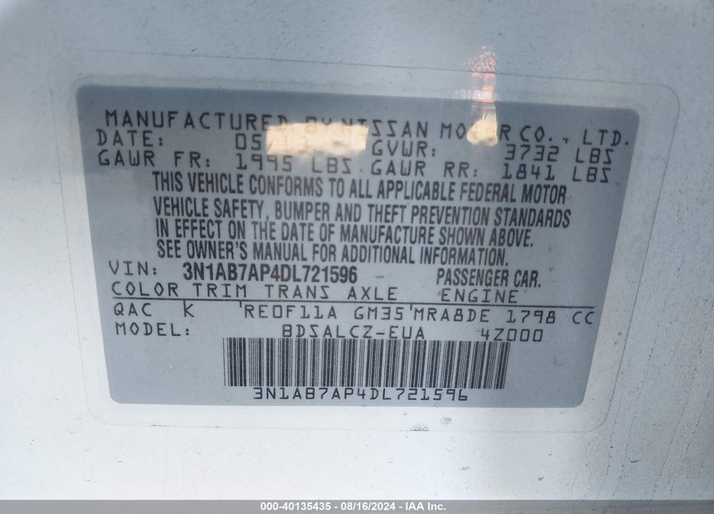 2013 NISSAN SENTRA S VIN: 3N1AB7AP4DL721596