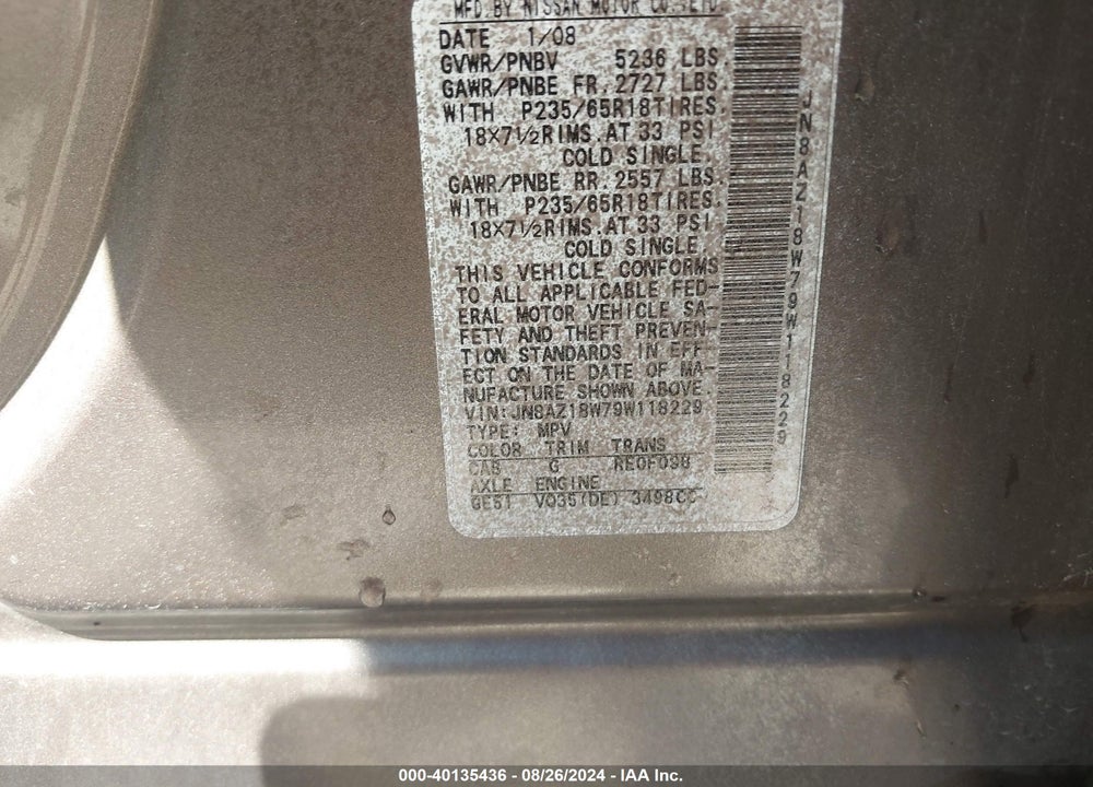 2009 NISSAN MURANO S VIN: JN8AZ18W79W118229