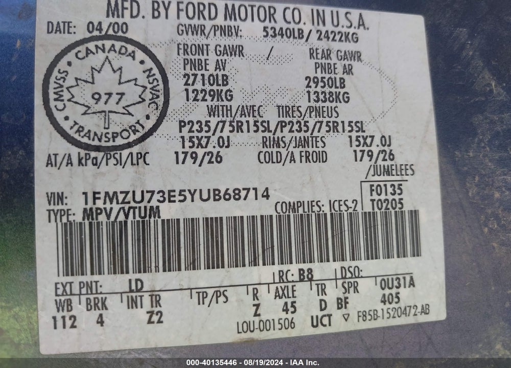 2000 FORD EXPLORER VIN: 1FMZU73E5YUB68714