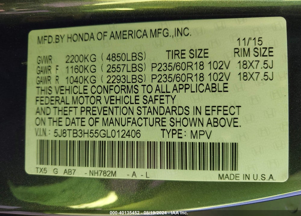 2016 ACURA RDX TECHNOLOGY   WATCH PLUS PACKAGES/TECHNOLOGY PACKAGE VIN: 5J8TB3H55GL012406