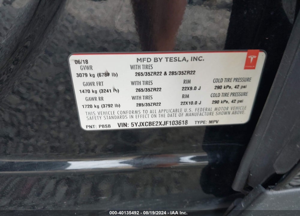 2018 TESLA MODEL X 100D/75D/P100D VIN: 5YJXCBE2XJF103618