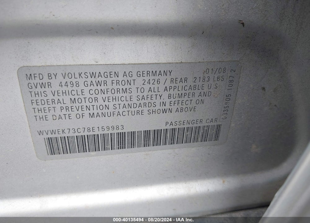 2008 VOLKSWAGEN PASSAT LUX VIN: WVWEK73C78E159983