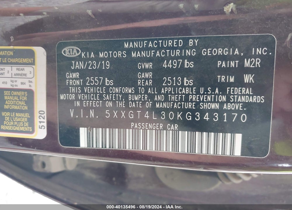 2019 KIA OPTIMA VIN: 5XXGT4L30KG343170