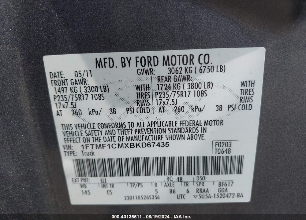 2011 FORD F-150 XL VIN: 1FTMF1CMXBKD67435