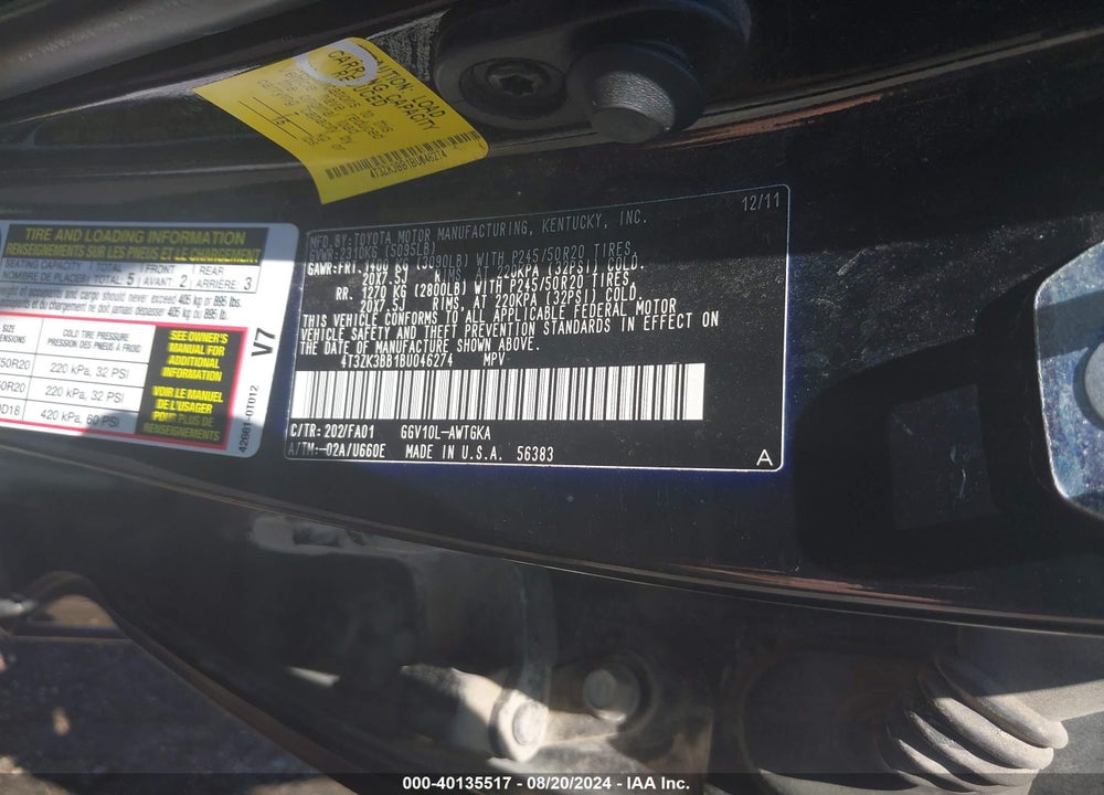 2011 TOYOTA VENZA BASE V6 VIN: 4T3ZK3BB1BU046274