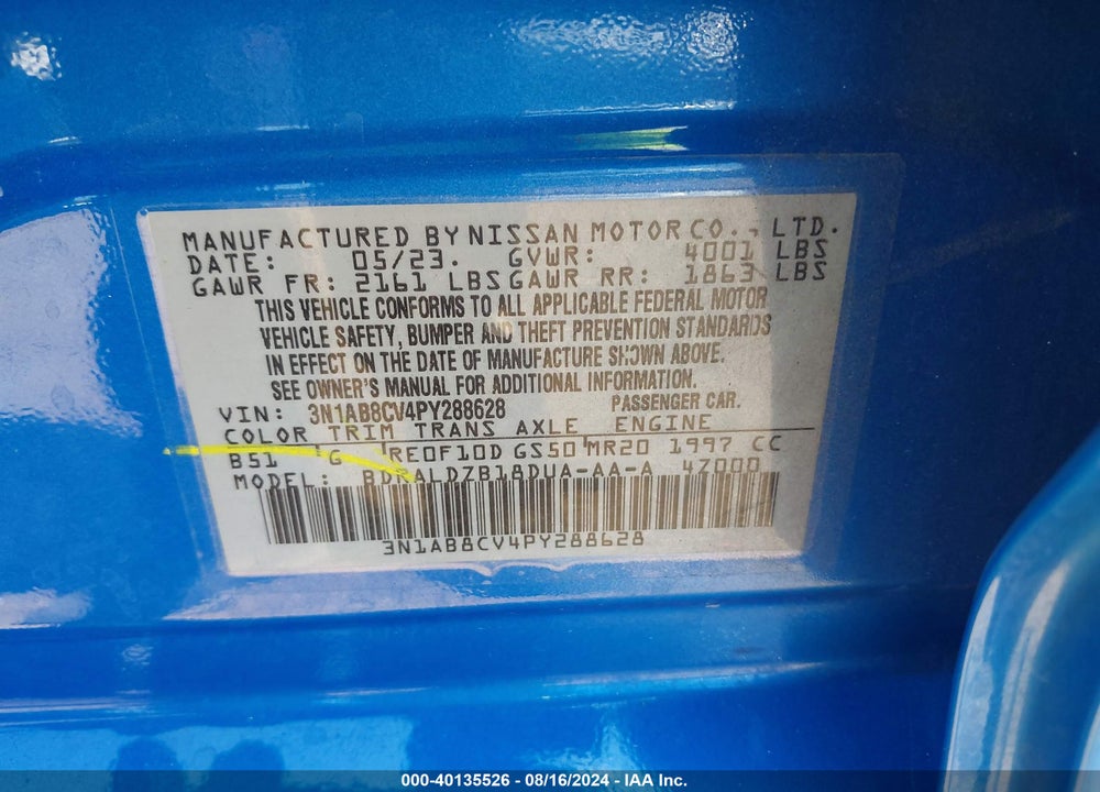 2023 NISSAN SENTRA SV XTRONIC CVT VIN: 3N1AB8CV4PY288628