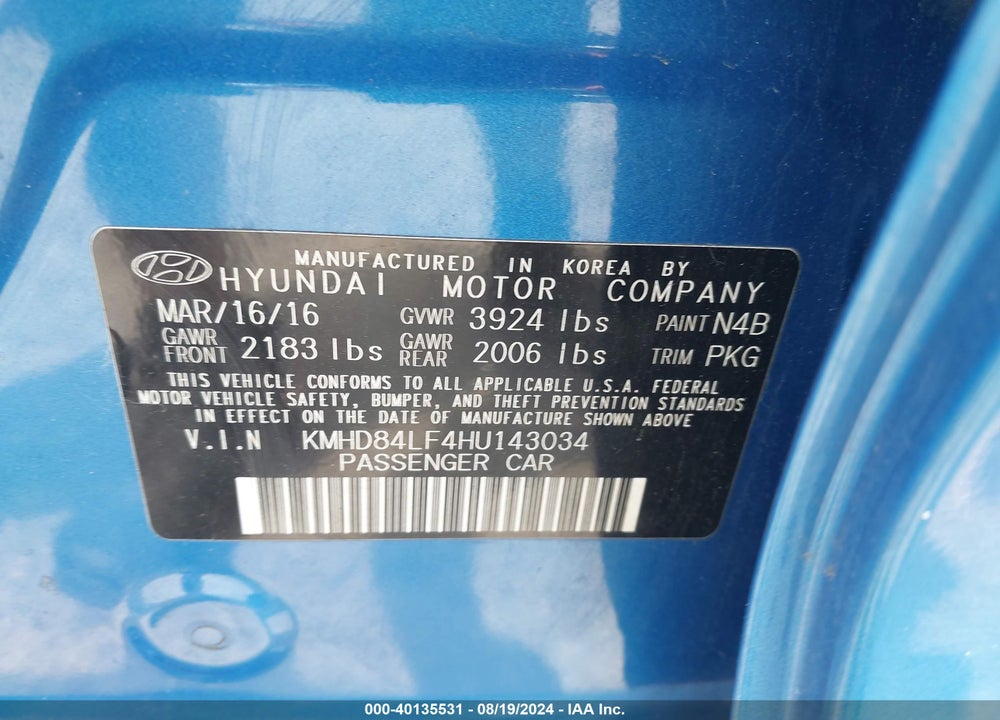 2017 HYUNDAI ELANTRA SE VIN: KMHD84LF4HU143034