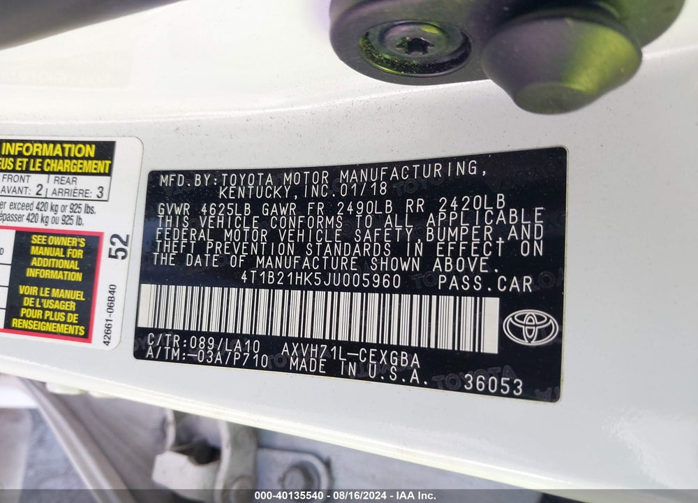 2018 TOYOTA CAMRY HYBRID XLE VIN: 4T1B21HK5JU005960