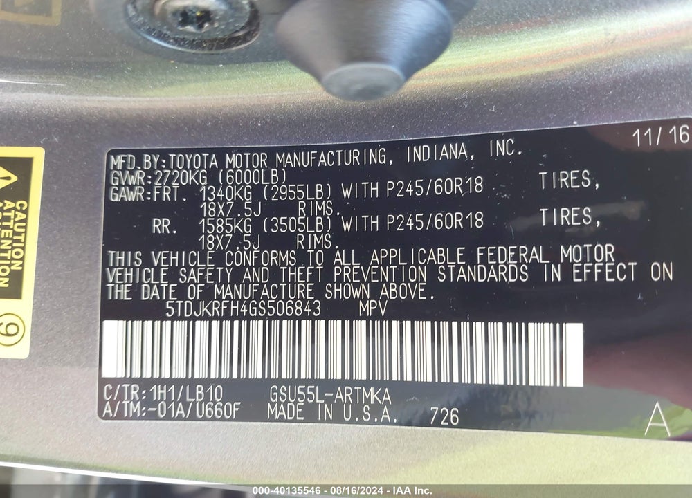 2016 TOYOTA HIGHLANDER XLE V6 VIN: 5TDJKRFH4GS506843