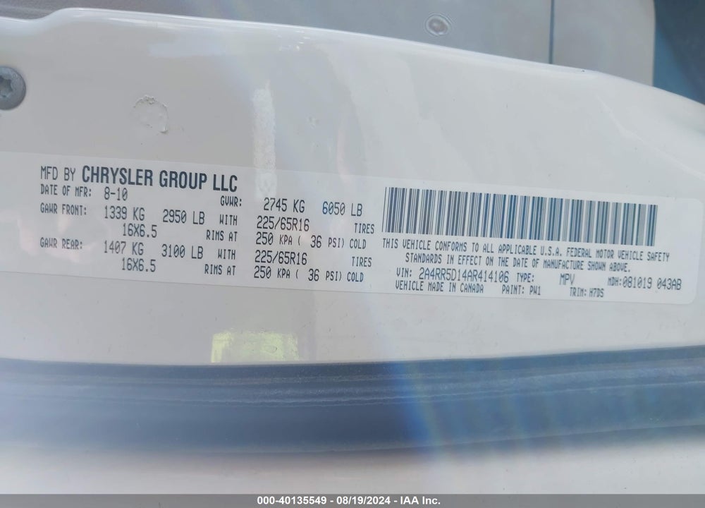 2010 CHRYSLER TOWN & COUNTRY TOURING VIN: 2A4RR5D14AR414106