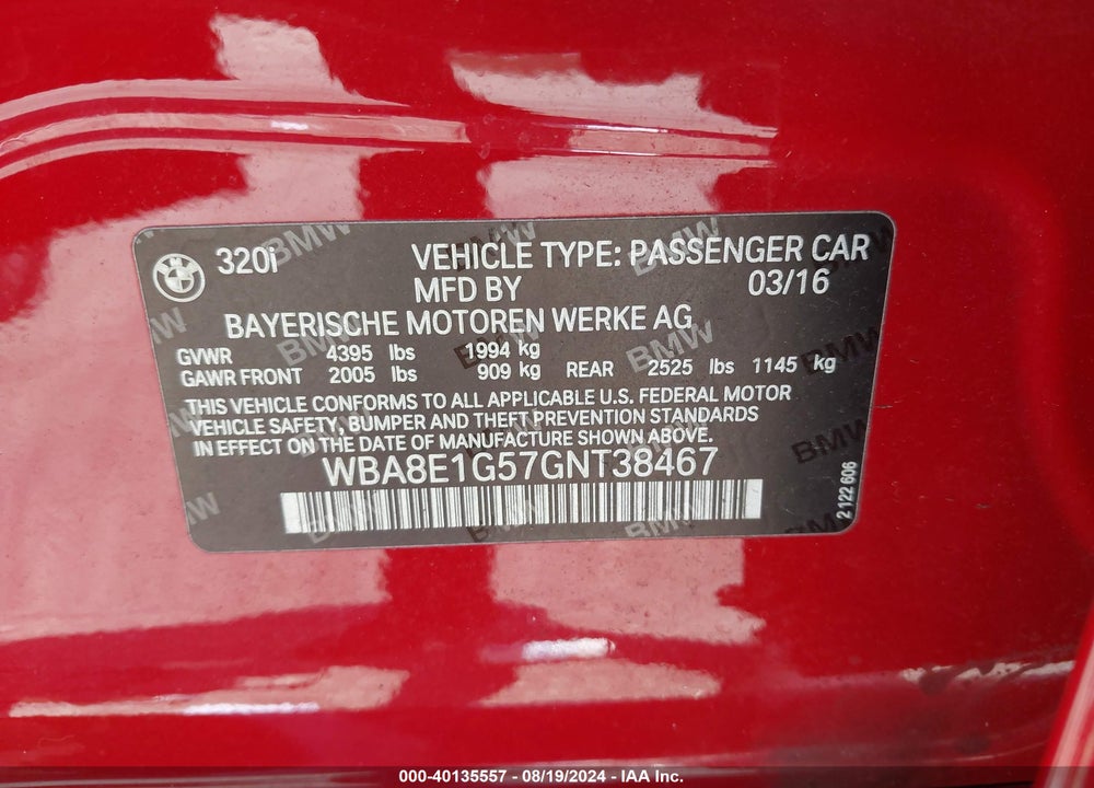 2016 BMW 320I VIN: WBA8E1G57GNT38467
