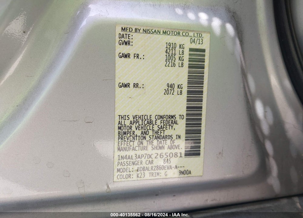 2013 NISSAN ALTIMA 2.5 S VIN: 1N4AL3AP7DC265081
