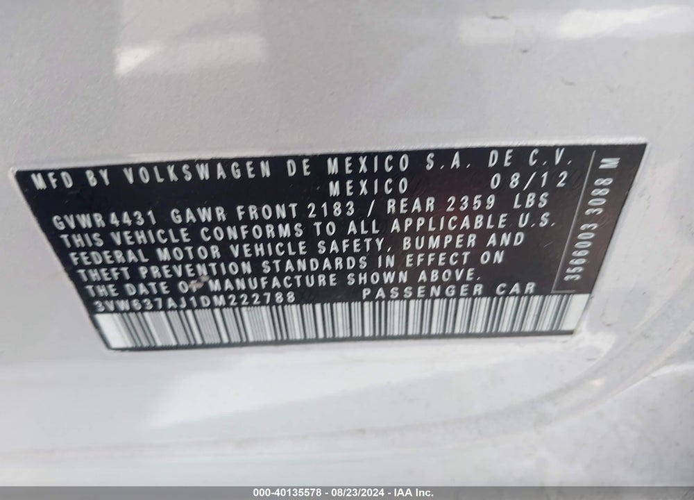 2013 VOLKSWAGEN JETTA HYBRID SE VIN: 3VW637AJ1DM222788