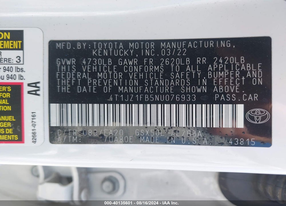 2022 TOYOTA AVALON XLE VIN: 4T1JZ1FB5NU076933