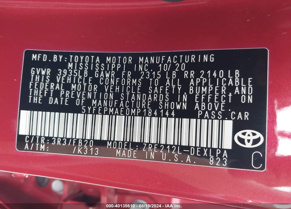 2021 TOYOTA COROLLA LE VIN: 5YFEPMAE0MP184144