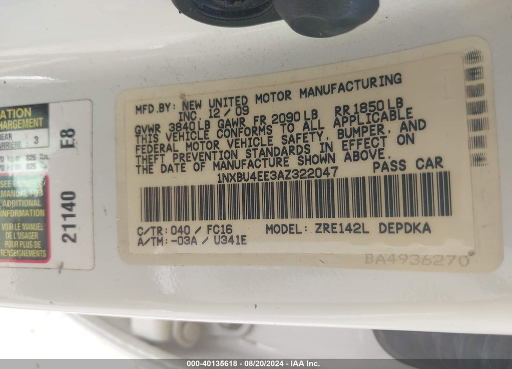 2010 TOYOTA COROLLA LE VIN: 1NXBU4EE3AZ322047