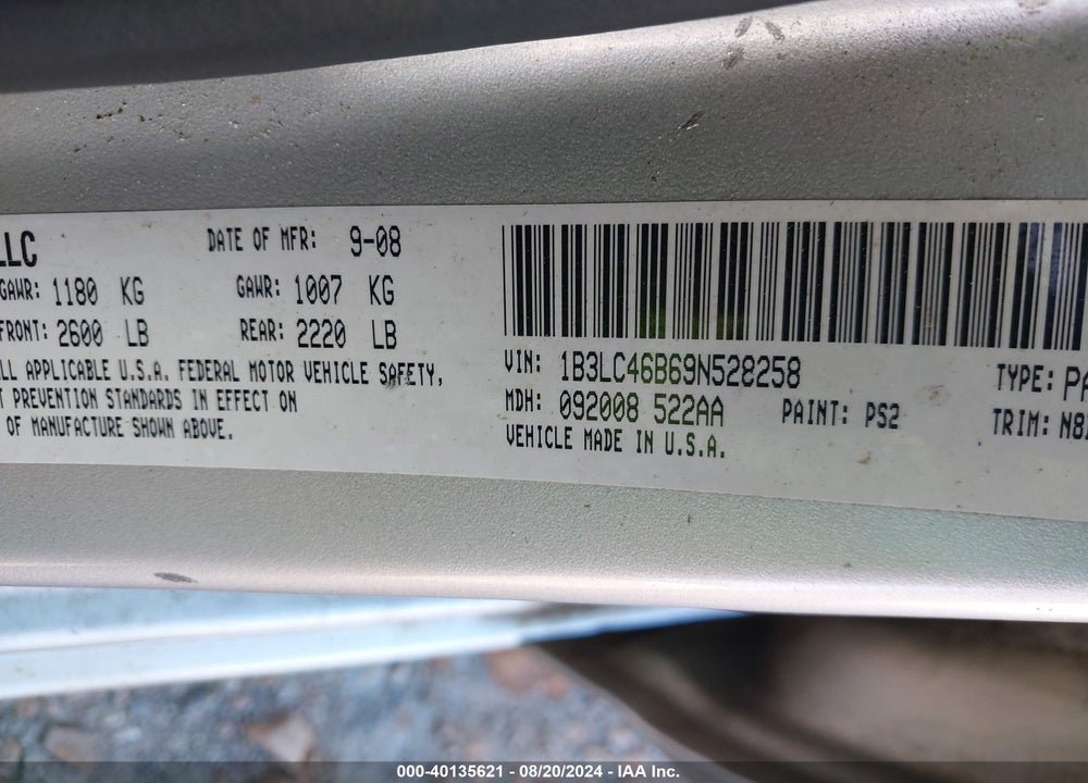 2009 DODGE AVENGER SE/SXT VIN: 1B3LC46B69N528258