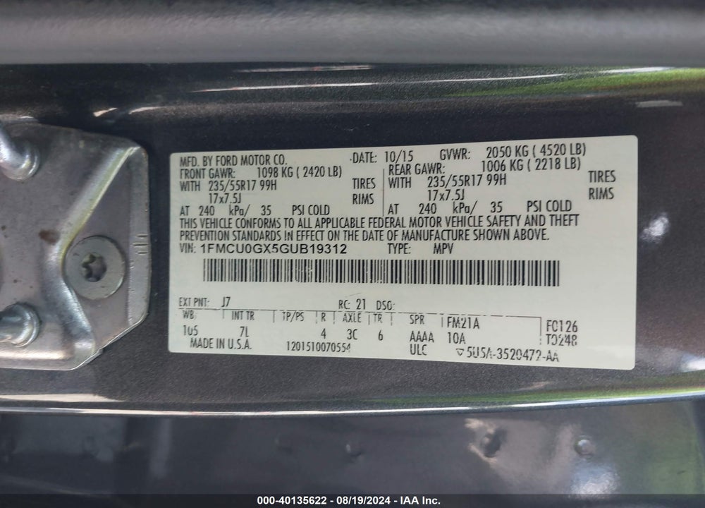 2016 FORD ESCAPE SE VIN: 1FMCU0GX5GUB19312