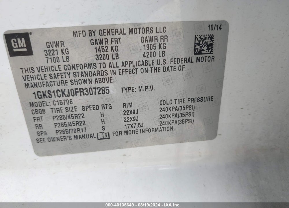 2015 GMC YUKON DENALI VIN: 1GKS1CKJ0FR307285
