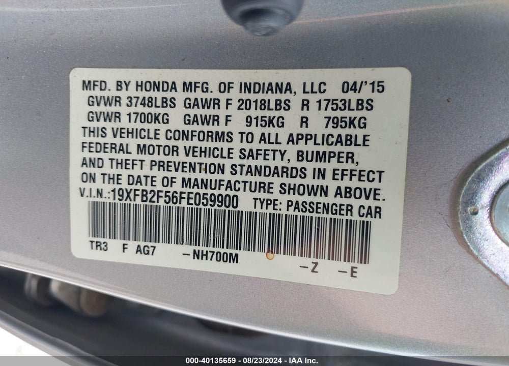2015 HONDA CIVIC LX VIN: 19XFB2F56FE059900